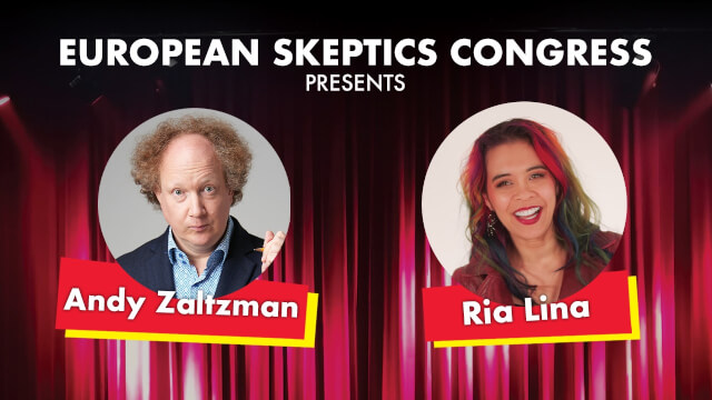 Andy Zaltzman and Ria Lina, comedians presenting at the European Skeptics Congress, shown in circular photos against a red curtain backdrop.
